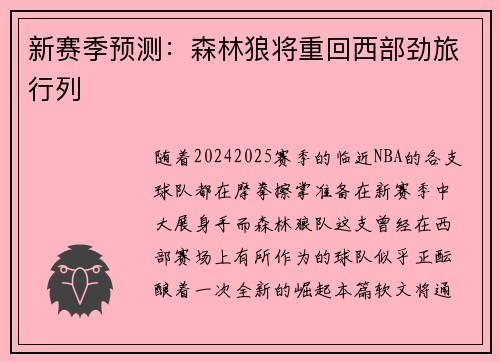 新赛季预测：森林狼将重回西部劲旅行列